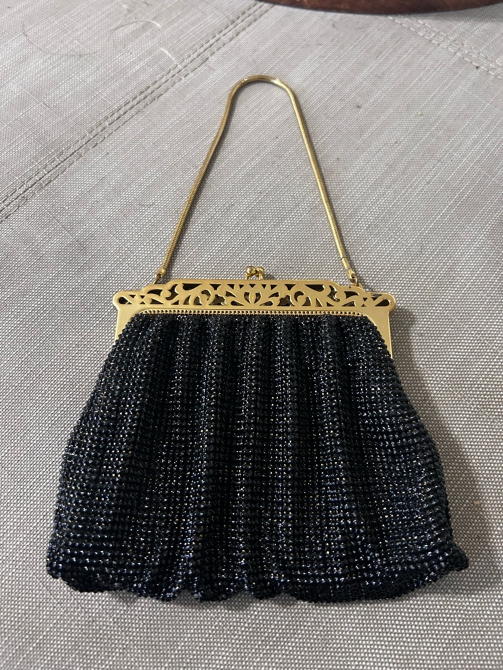 Vintage 1940's Whiting & Davis Gold Mesh Evening Bag, Filigree Frame Chain Strap
